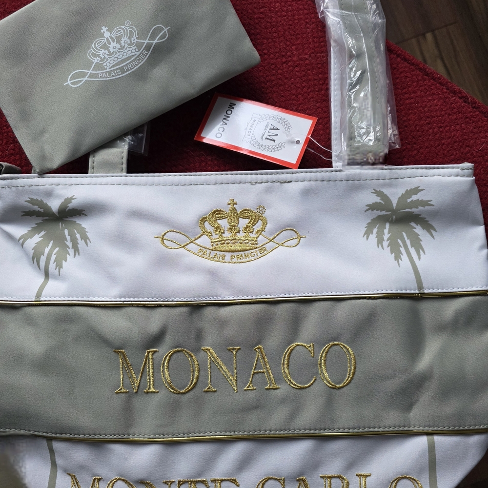 Monaco White and Gray Tote with Gold Embroidery